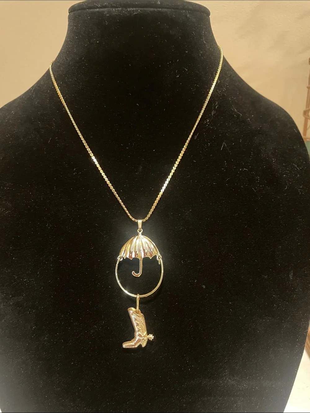 Gold-Tone Umbrella and Cowboy Boot Pendant Necklace - charm necklace from 70’s